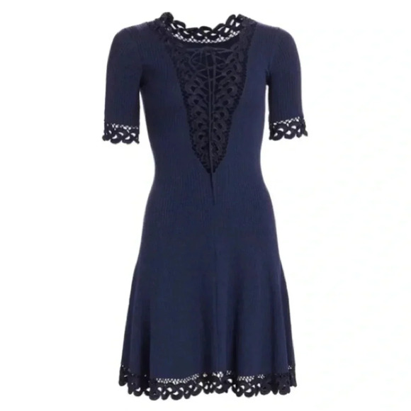 Jonathan Simkhai Crochet Knit Deep V-Neck Fit & Flare Dress Navy XS - Picture 2 of 16